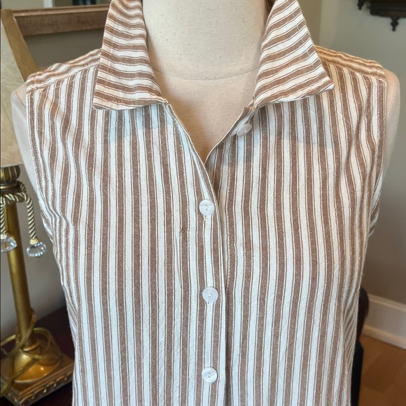 Comfy Cotton Tan White Striped Shirt Dress New Midi - Picture 2 of 9